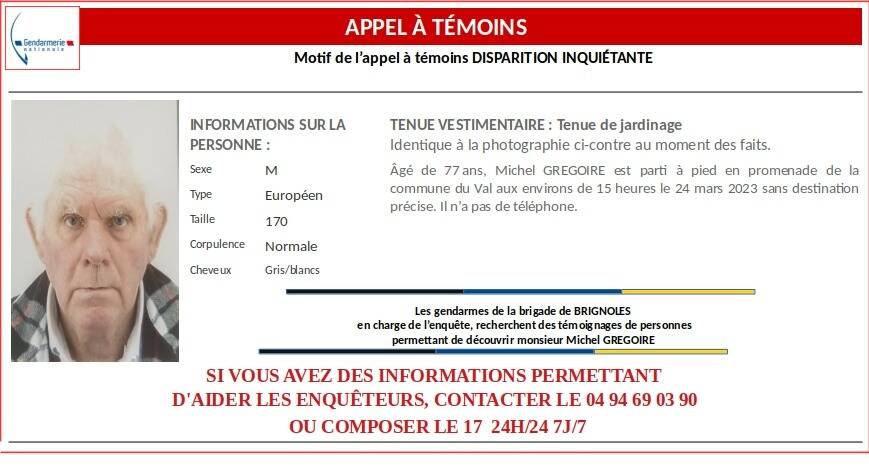 Appel à témoins: un septuagénaire a disparu depuis vendredi après-midi près de Brignoles dans le Var