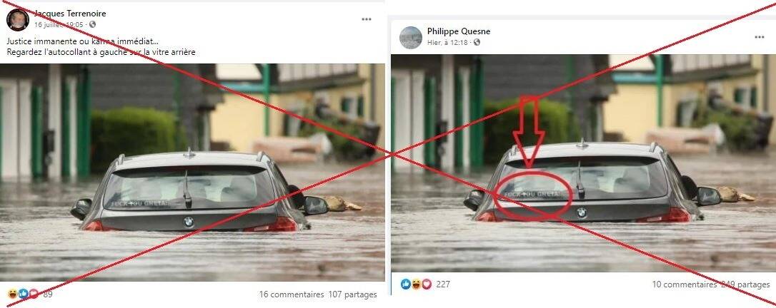 La photo d'une voiture immergée en Allemagne avec un autocollant anti-Greta  Thunberg est un montage - Var-Matin