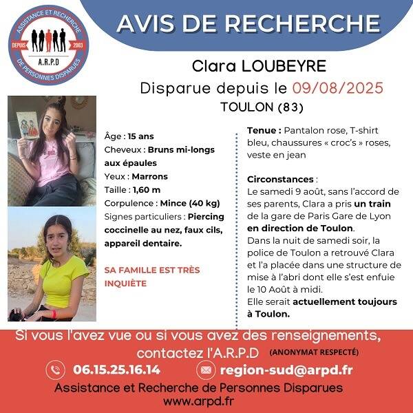 Disparition d'une adolescente de 15 ans à Toulon: Clara, 15 ans, est partie de Paris depuis le 9 août