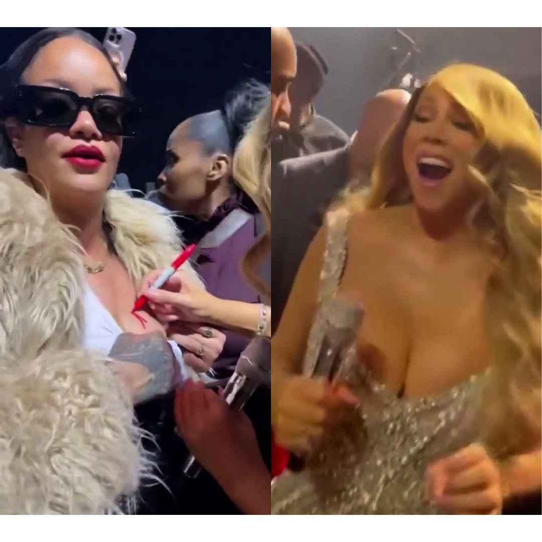 Mariah Carey signe un autographe sur la poitrine de Rihanna lors d'un concert à New York