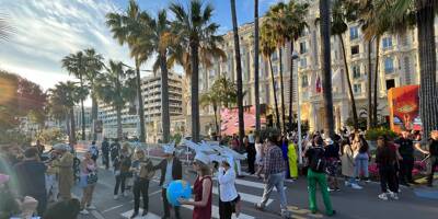 76e Festival de Cannes: une dizaine de militants écologistes manifestent sur la Croisette pour protester contre les jets privés