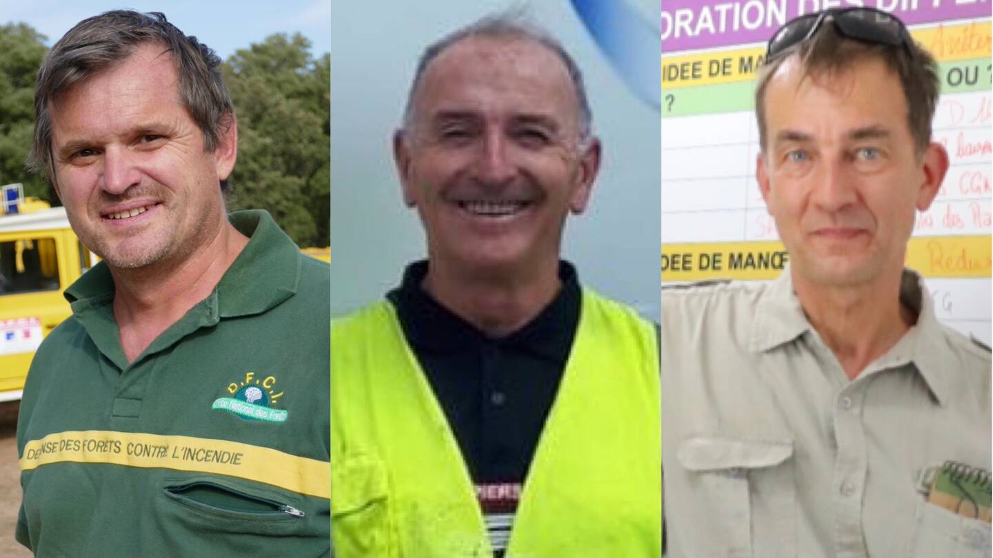 Bruno Teissier du Cros, de l'ONF, Pierre Schaller, expert pompier, et Éric Rigolot, de l'Inrae (de gauche à droit), sont, chacun dans leur domaine, des spécialistes de la protection contre les feux de forêt.