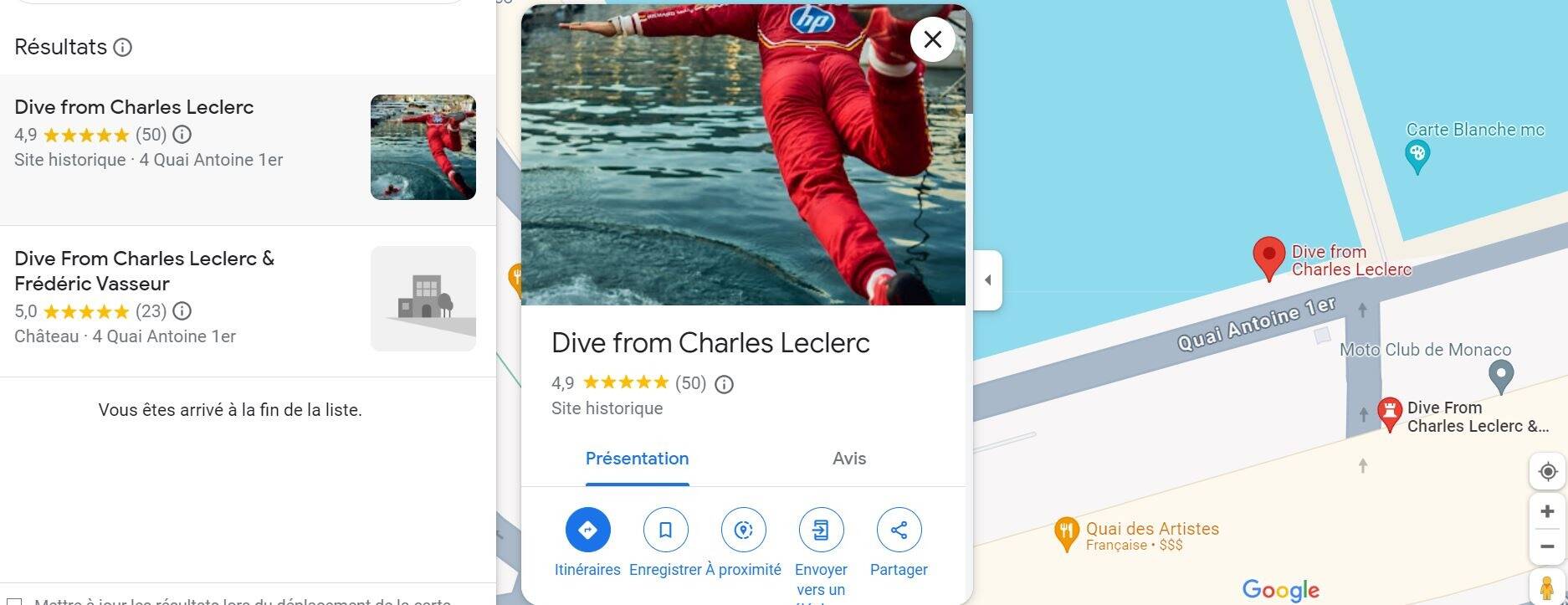 Le plongeon de Charles Leclerc après sa victoire au Grand Prix de Monaco devient un "site historique" sur Google Maps