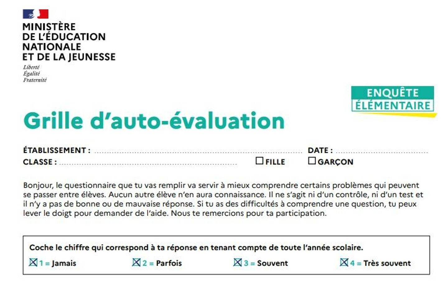 "Le questionnaire que tu vas remplir va servir à mieux comprendre certains problèmes qui peuvent se passer entre élèves. Aucun autre élève n’en aura connaissance", indique le formulaire à destination des élèves. 