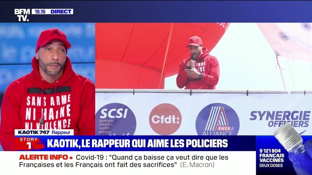 Le rappeur niçois Kaotik à la tribune de la manif des policiers à Paris