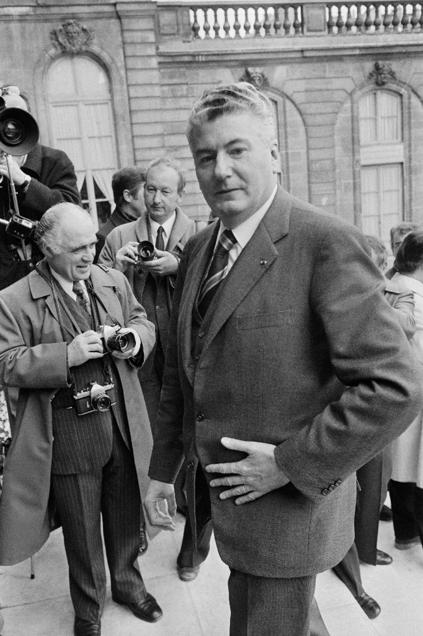 Hubert Germain, alors ministre des PTT, arrive à l'Elysée, le 6 mars 1973 à Paris