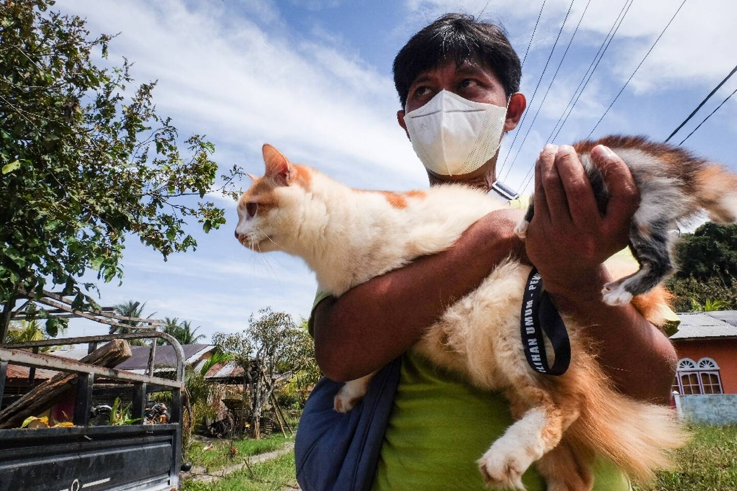 Un volontaire recueille un chat abandonné après les évacuations d'habitants en raison de l'éruption du Mont Ruang, le 4 mai 2024 à Sitaro, en Indonésie