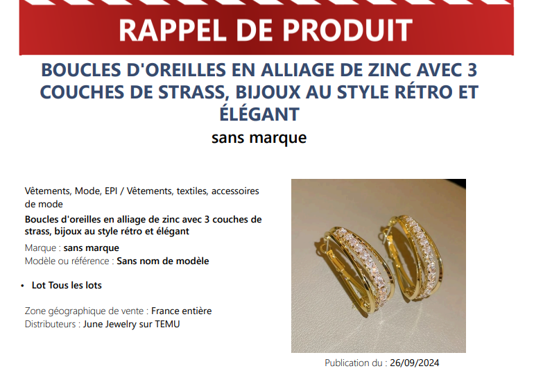 Une paire de boucles d'oreilles vendue sur Temu rappelée en raison de sa teneur en nickel et en plomb