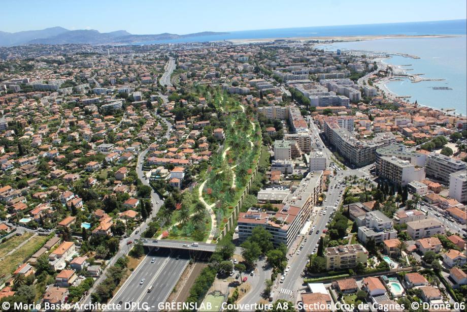 Le projet « Greenslab » recouvrirait l’autoroute et la voie ferrée, sur la portion du Cros de Cagnes.