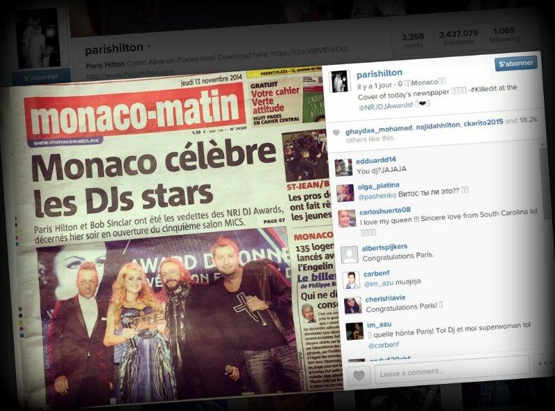 Une capture d'écran de la Une de Monaco-Matin sur le compte Instagram de Paris Hilton. 