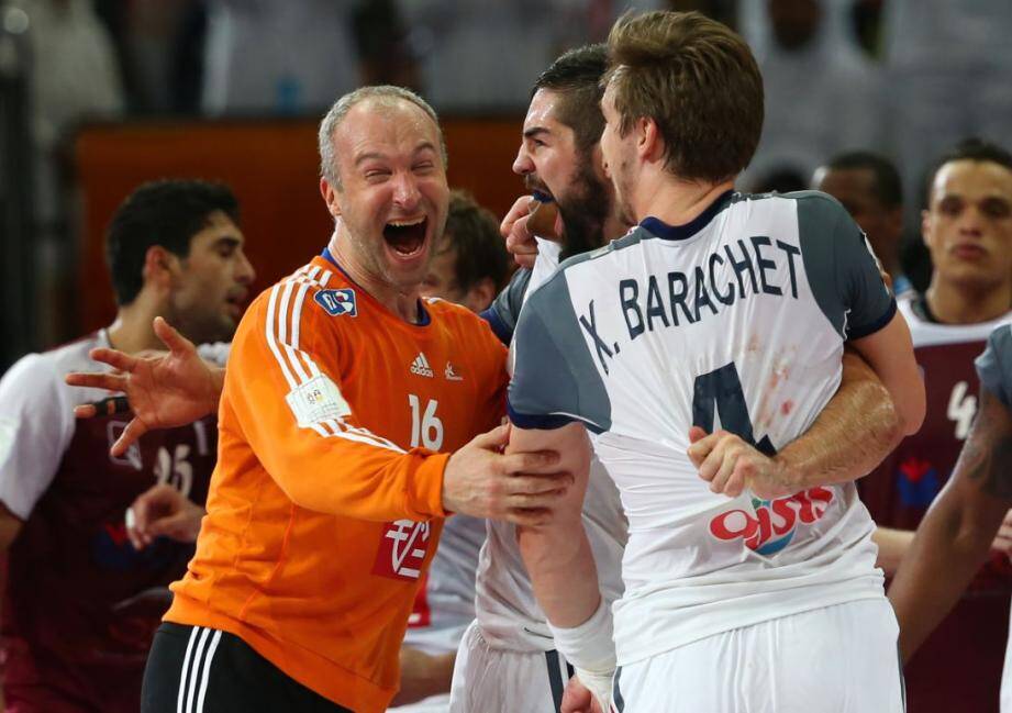 La joie de Thierry Omeyer, Nikola Karabatic et du Niçois Xavier Barachet