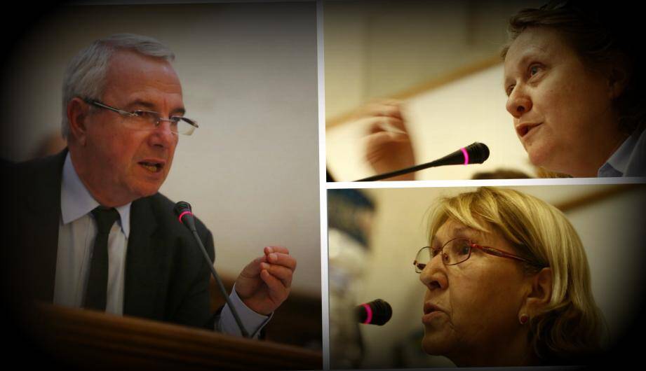 Jean Leonetti (à gauche), Cécile Dumas (Front de Gauche, en haut à droite) et Michèle Muratore (La Gauche unie, solidaire et écologique, en bas à droite).