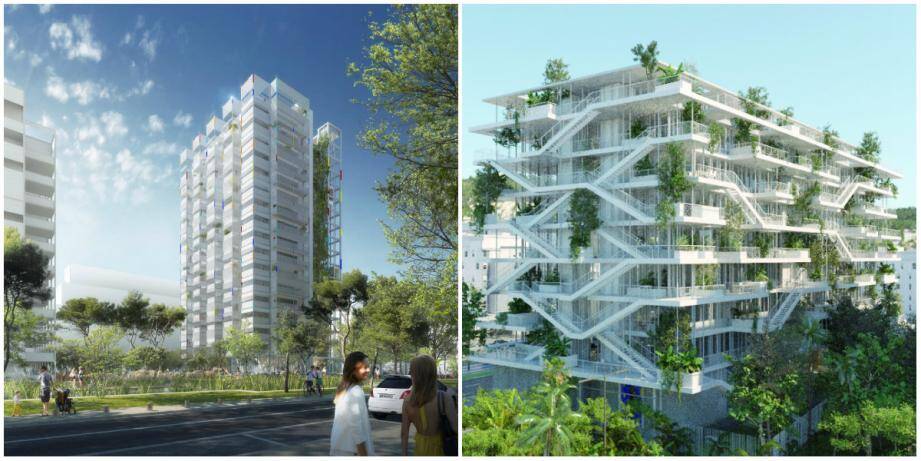 A Nice-Méridia, le programme de logements conçu par Jean Nouvel (à gauche) et l’immeuble Anis mêlent verdure et architecture. 
	
