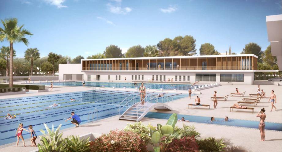 Au fond, le futur bâtiment dédié aux sportifs de haut niveau, le long du nouveau bassin de 50 mètres, construit à la place de la fosse à plongeon. Le bassin actuel, lui, va être rénové.	(DR)