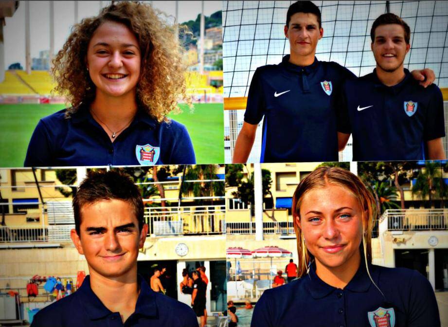 De gauche à droite et de haut en bas: Charlotte Afriat (athlétisme), Ludovic Palmaro et Olivier Lanteri (beach-volley), Émilien Puyo (natation) et Claudia Verdino (natation).	