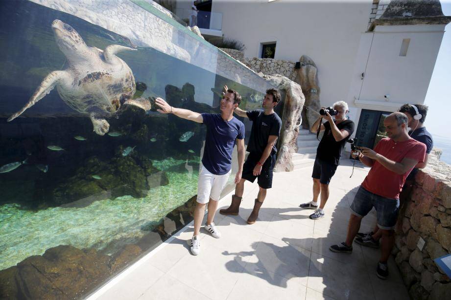 L'animateur Gérald Ariano devant le bassin des tortues