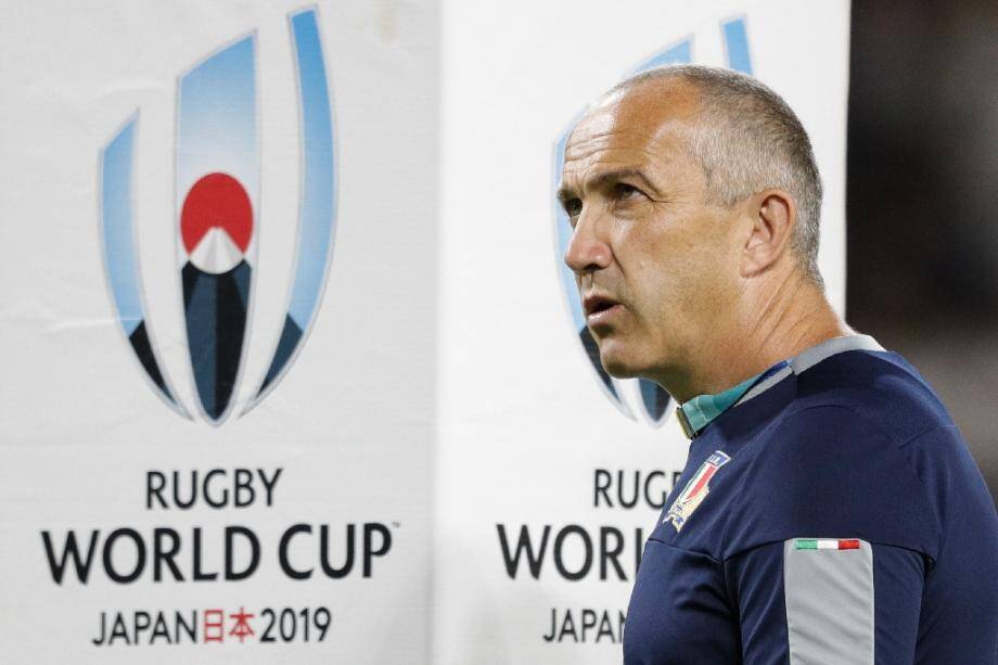 Le sélectionneur de l'Italie, Conor O'Shea, lors du match de poules du Mondial face à l'Afrique du Sud, à Shizuoka, le 4 octobre 2019