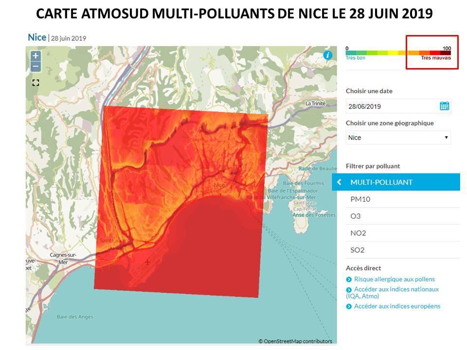 Carte AtmoSud Multi-polluants de Nice le 28 juin 2019