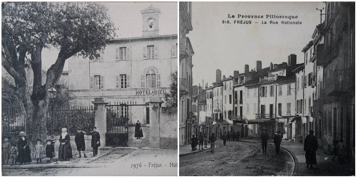 Ces photos datent d’une époque située entre 1905 et 1914. à gauche, l’Hôtel-dieu maintenant remplacé par le palais de justice, en face de l’office de tourisme. A droite, la rue Jean-Jaurès qui a très peu évolué et qui était un lieu très fréquenté de Fréjus-centre.