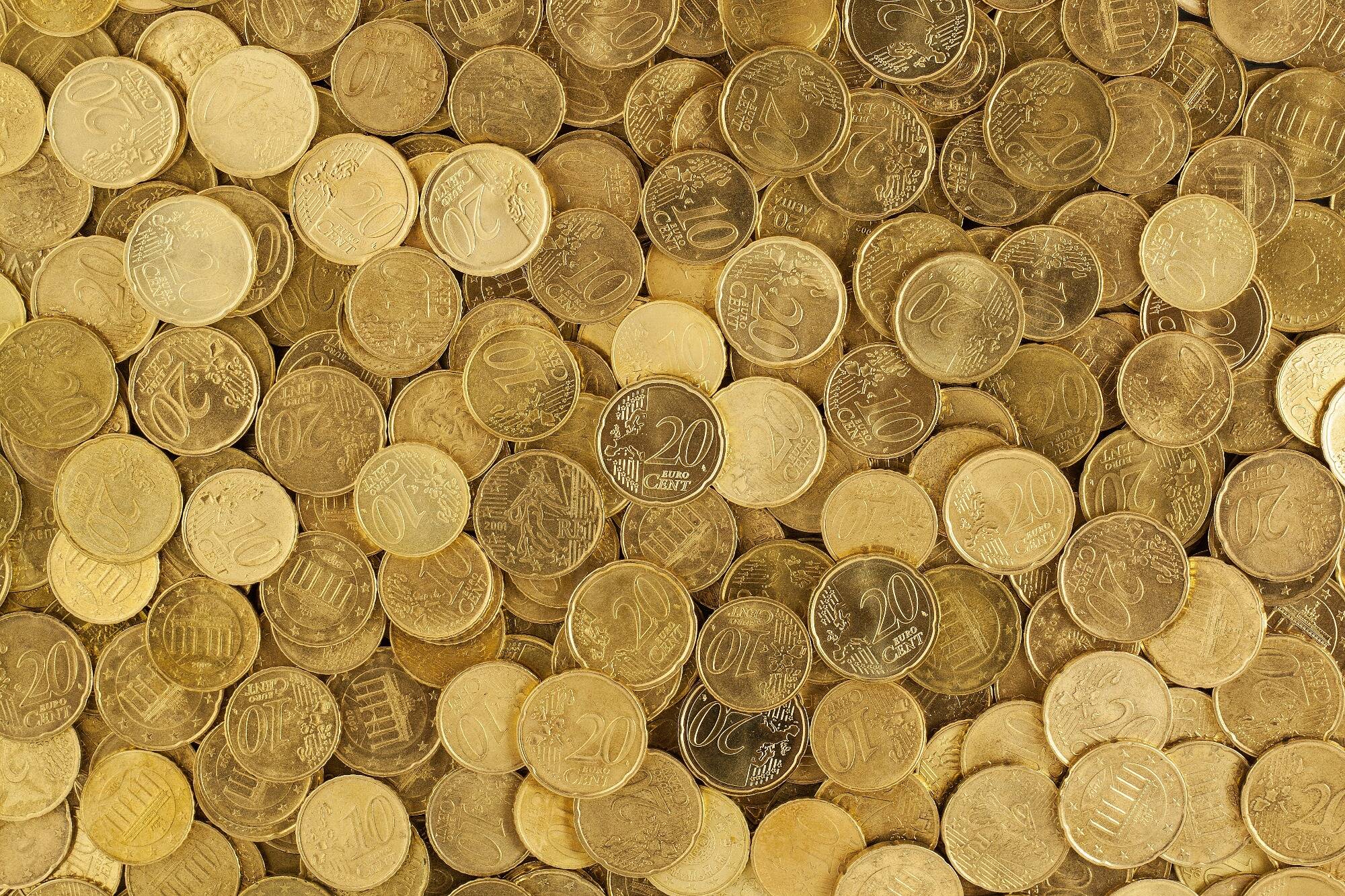une rangée de piles de pièces de monnaie avec une plante