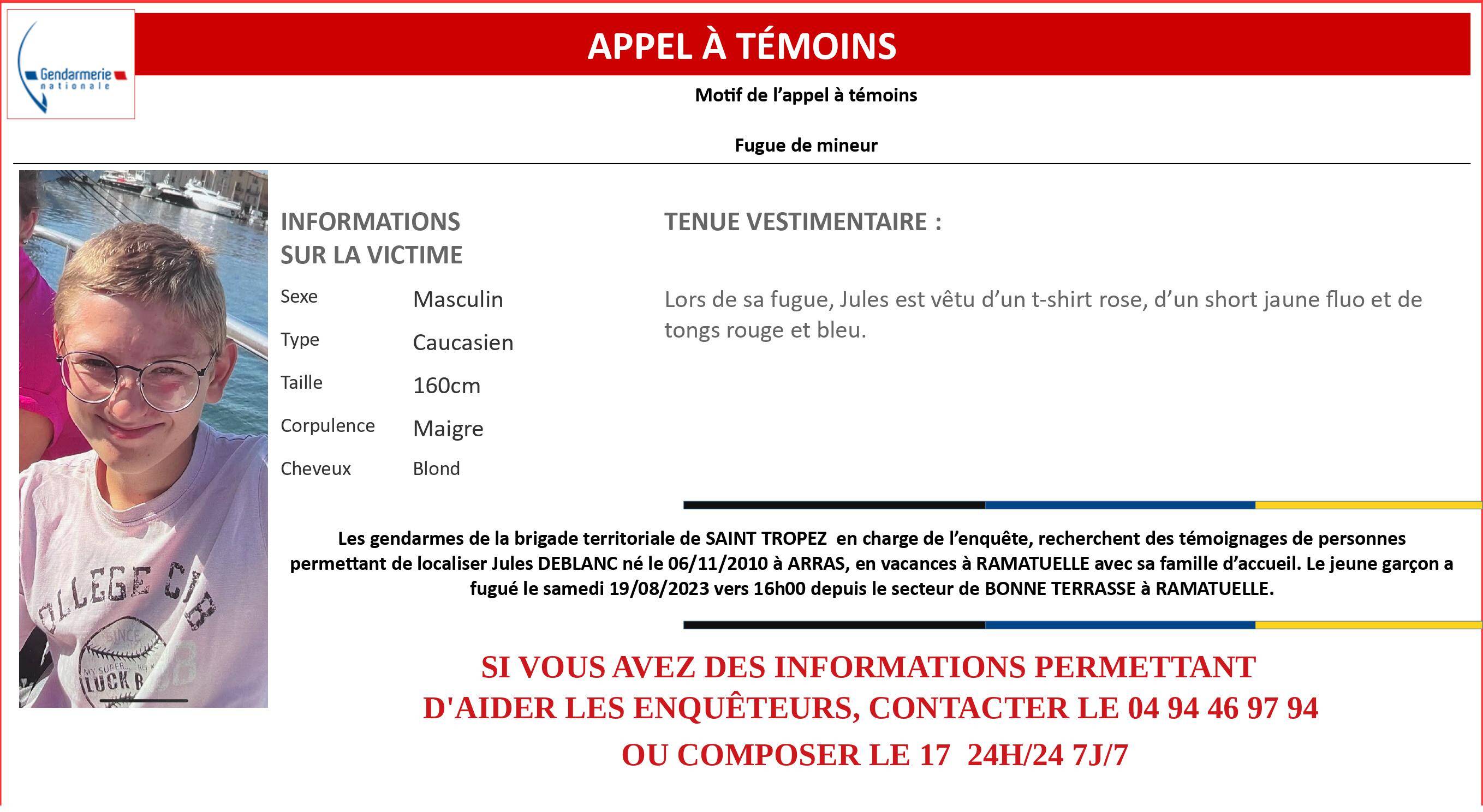 Fugue d'un enfant de 12 ans dans le Var: la gendarmerie lance un appel à témoins