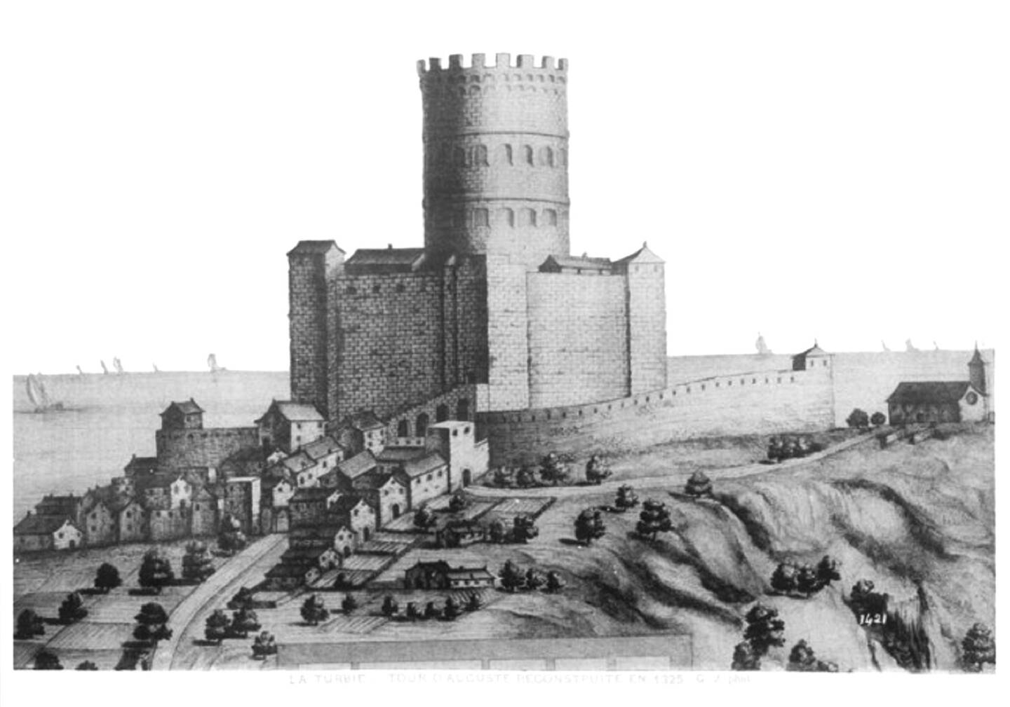 Gravure datée de 1726 représentant le monument transformé en Castro Torbia en 1325. (DR)