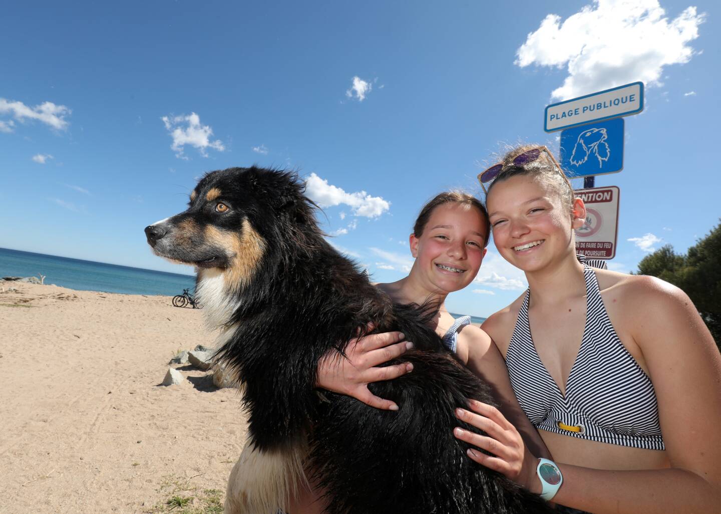 Emma et Clara, trop heureuses de profiter aussi en vacances sur une plage varoise de leur berger australien.