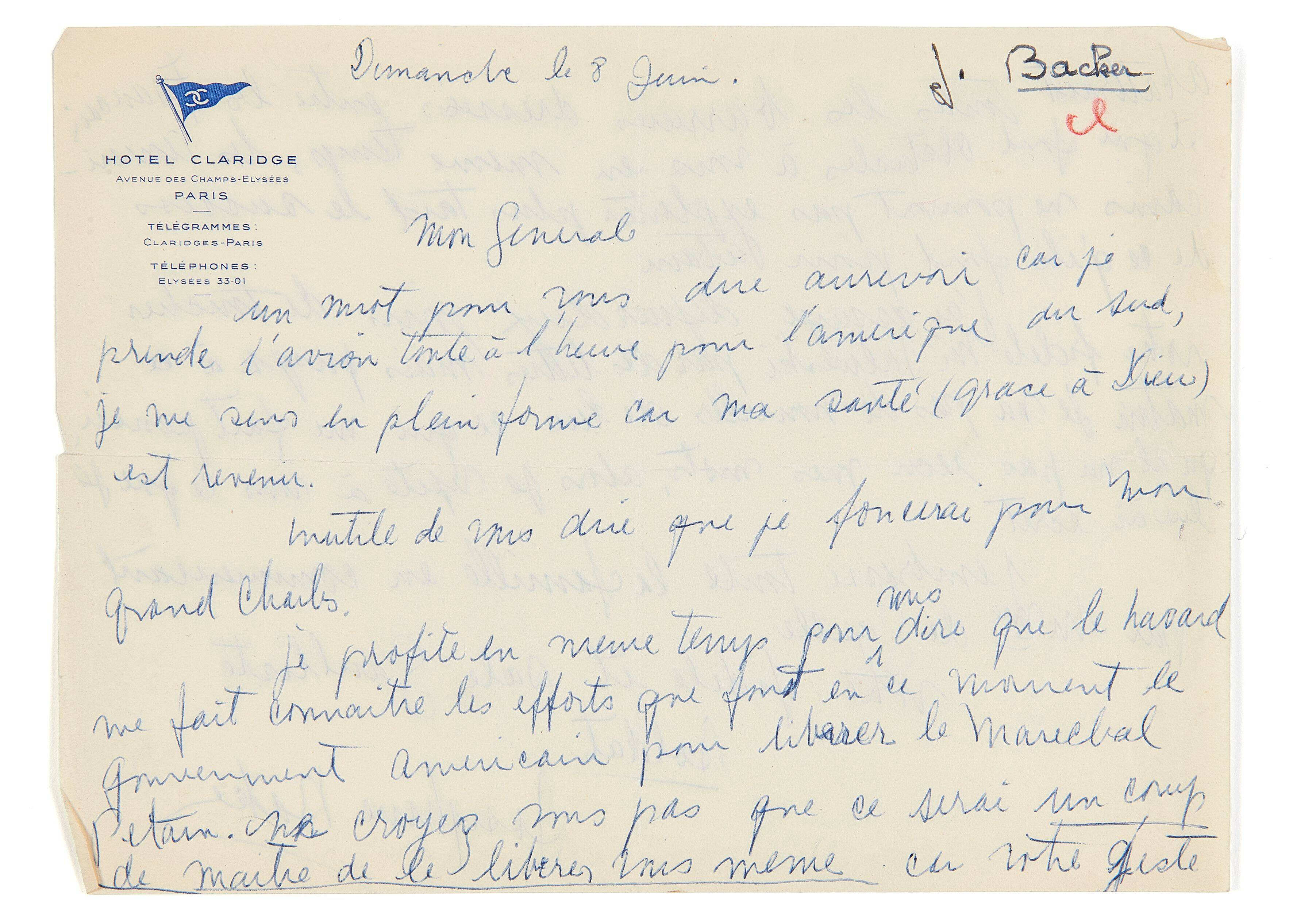 "Mon grand Charles", une lettre de Joséphine Baker au général de Gaulle vendue 26 240 ¬