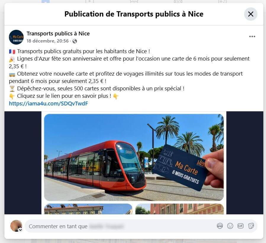 Ligne d'Azur offre six mois de tram pour 2,35 euros sur Facebook? C'est une arnaque
