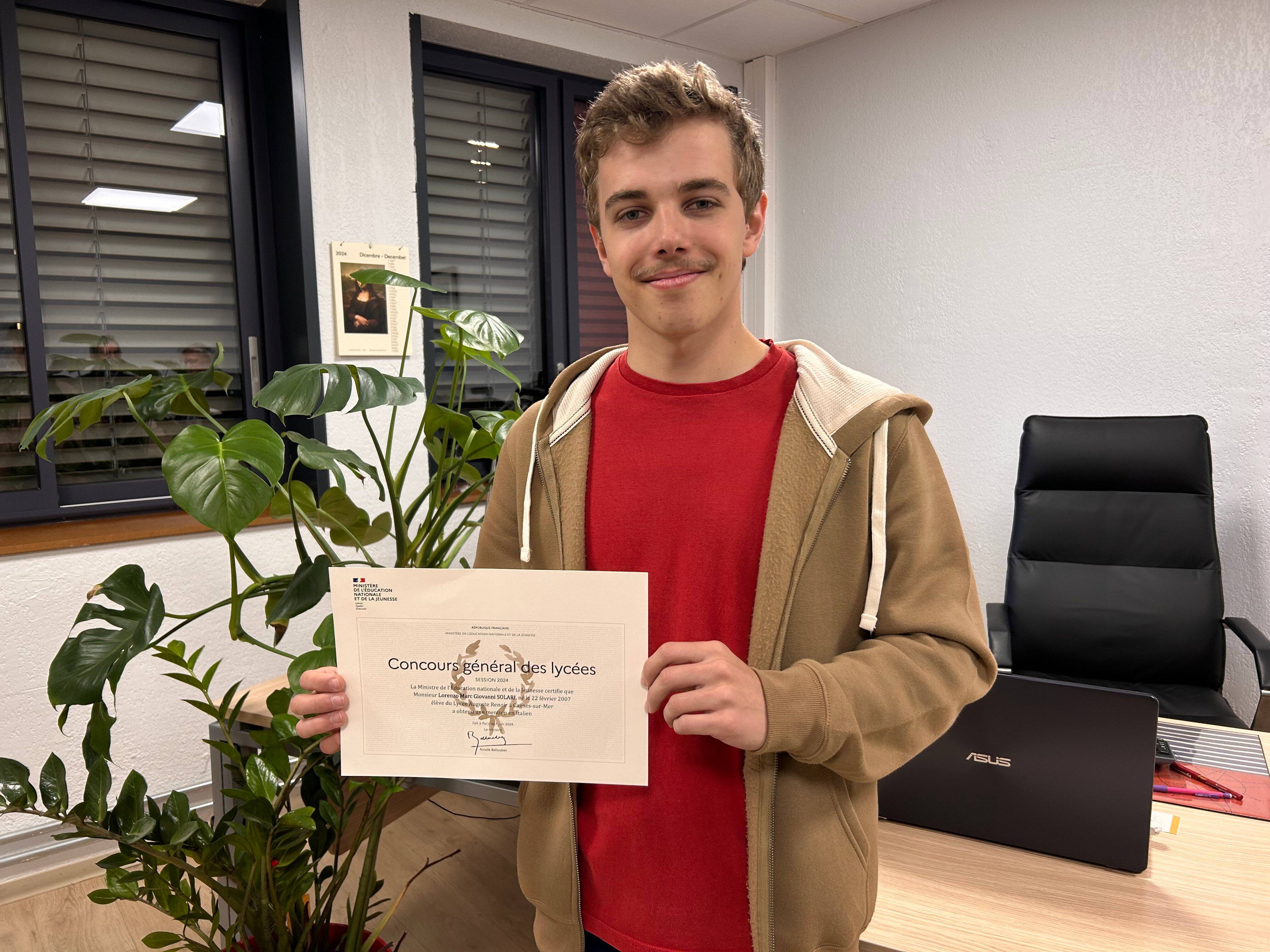 Encore un élève lauréat du concours général en italien au lycée Renoir de Cagnes-sur-Mer