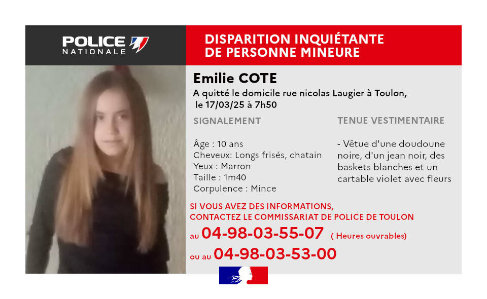 Une fillette de 10 ans a disparu à Toulon, un avis de recherche lancé par la police