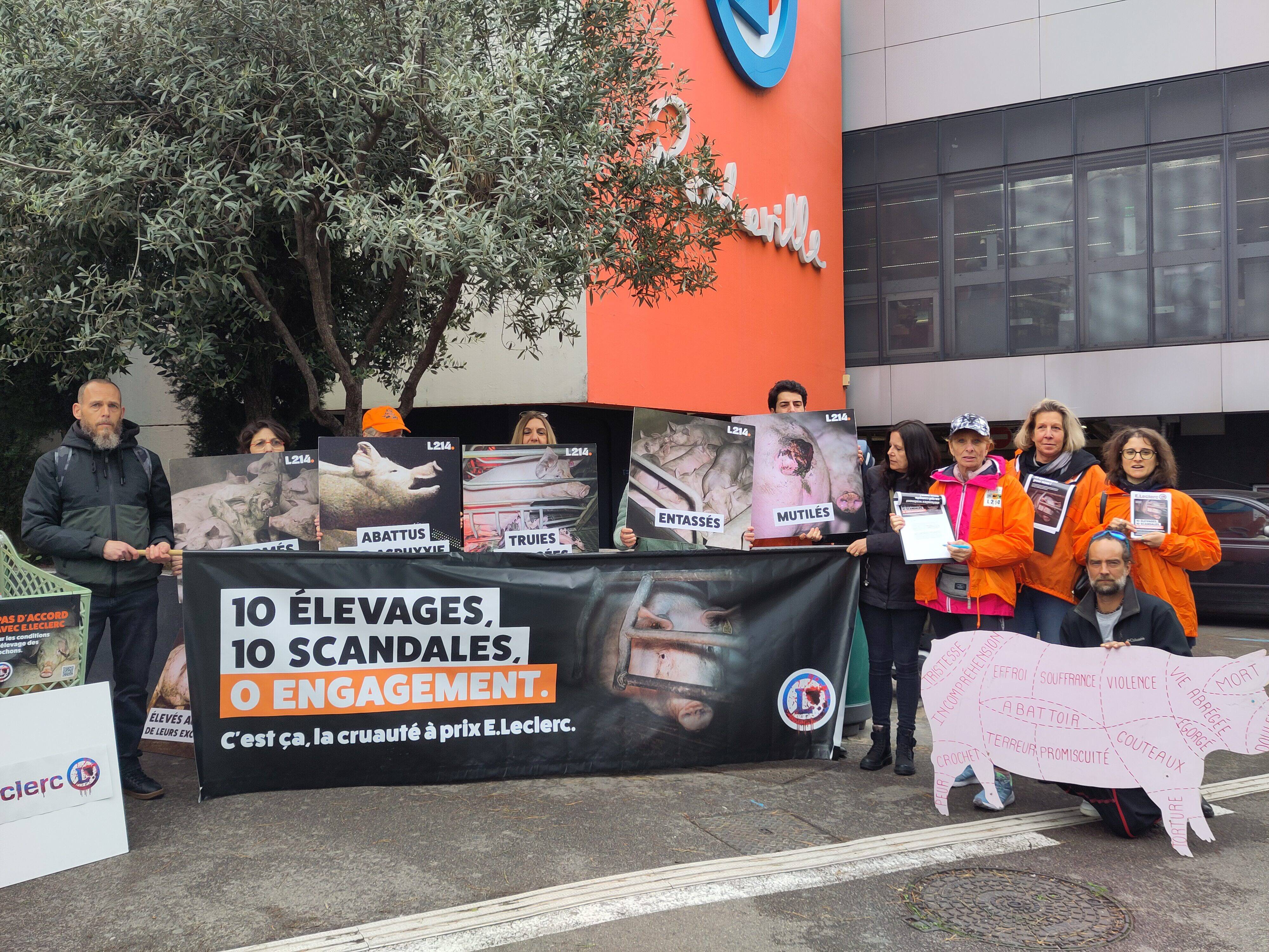 Des bénévoles de L214 mobilisés contre les "pires pratiques d'élevage" devant le magasin Leclerc du Cannet