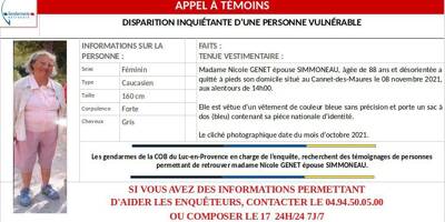 Appel à témoins après la disparition d'une octogénaire au Cannet-des-Maures