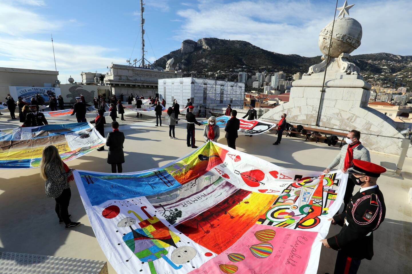 OTTONELLO JEAN-FRANCOIS - Wednesday December 1, 2021 in Monaco - Deployment of Fight Aids Monaco quilts with Princess Stéphanie and Camille Gottlieb on the roof terrace of the Oceanographic Museum.