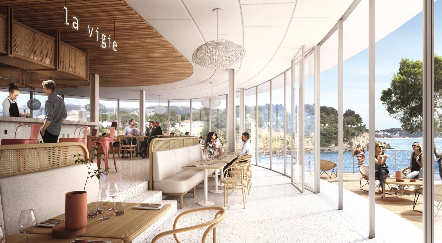 A l’étage, un restaurant panoramique offrira une vue imprenable sur la rade et une terrasse qui deviendra sans doute un nouveau lieu incontournable de Toulon. Il prendra ses quartiers dans "une ellipse métallique qui s’ouvre à 360 degrés sur la rade", détaille l’architecte du projet.